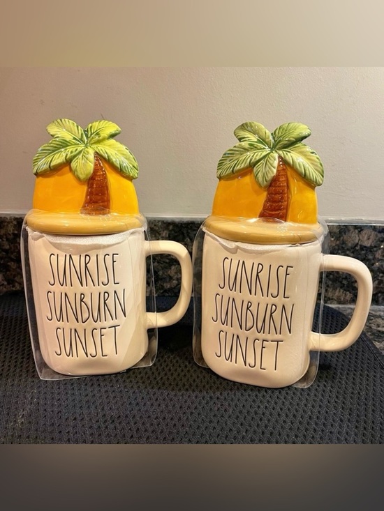 Rae Dunn Other - Rae Dunn Sunrise Sunburn Sunset Mugs Cups W Palm Tree Lid Cover – Set of 2 New